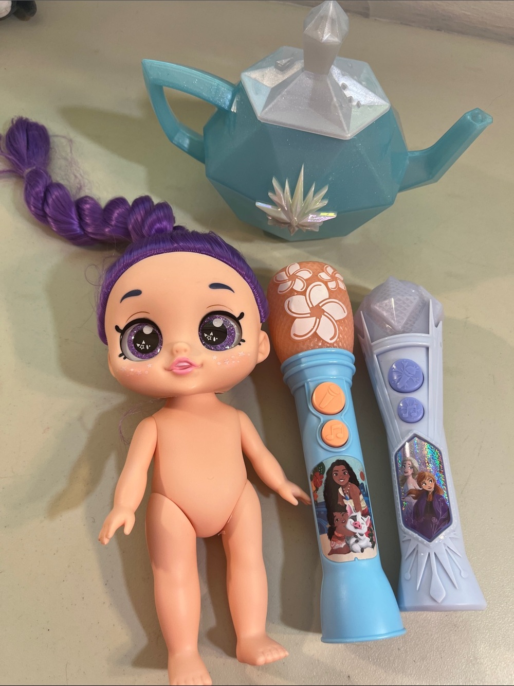 Purple-Haired Doll with Blue Play Microphones and Teapot - Kids Toys